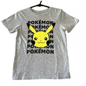 Pikachu Pokemon Flip Sequins Youth Size M Unisex Short Sleeve Heather Gray